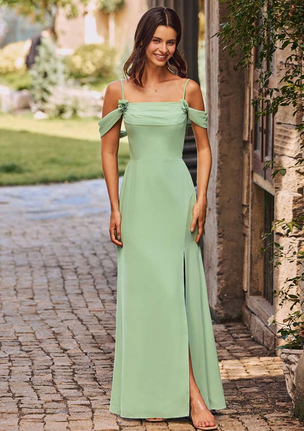 Ruched Floral Off-the-Shoulder Chiffon Floor-Length Slit
