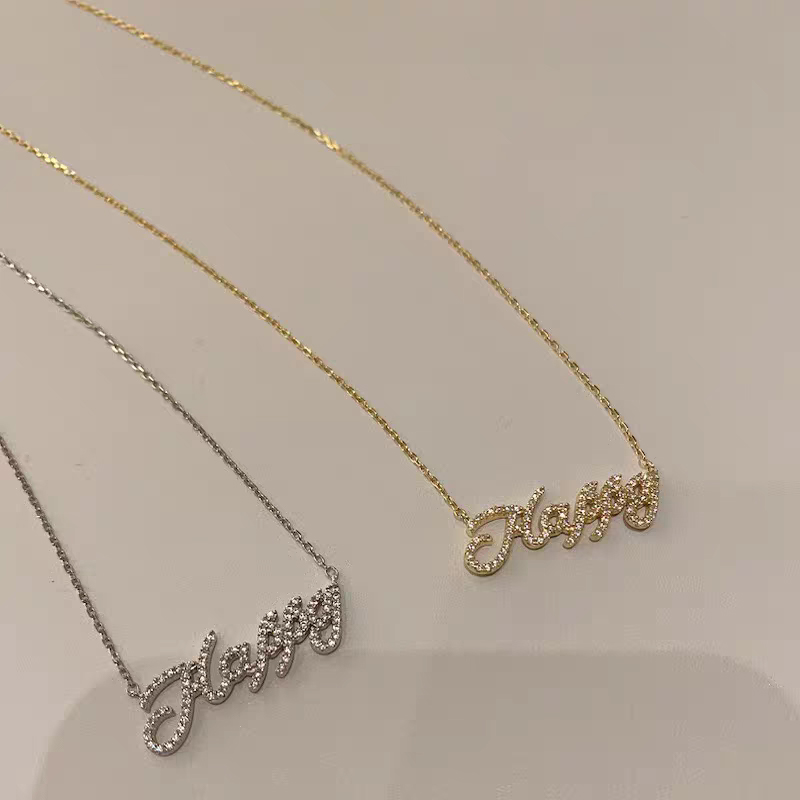 Stylish Female S925 Silver Script Letter Necklace with Cubic Zirconia
