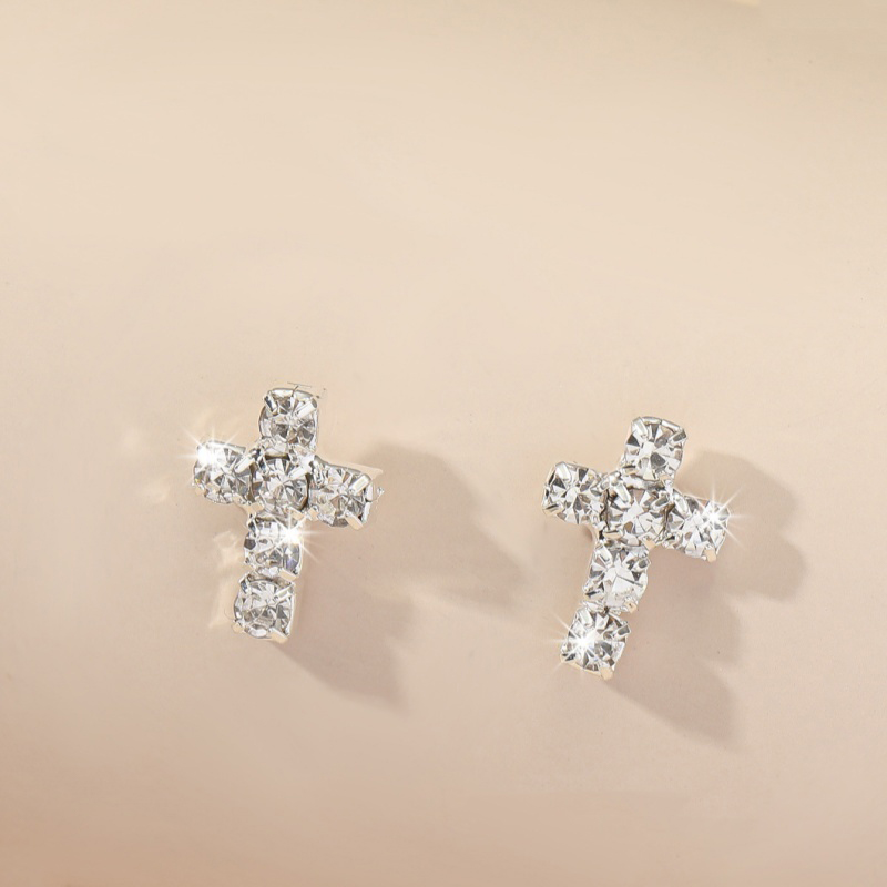 Charmant doux croix cuivre boucles d'oreilles avec strass
