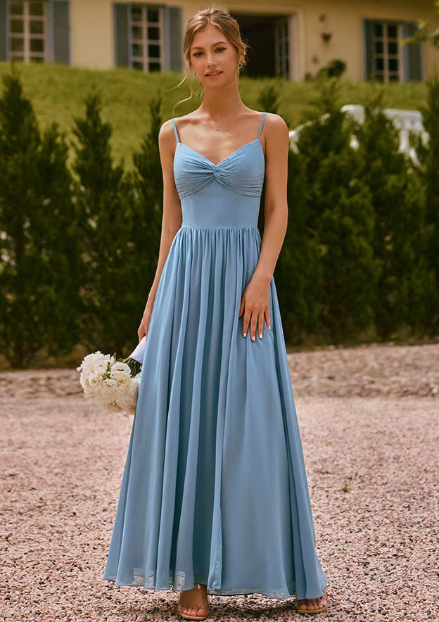 blue dress for baby girl Plunging Neck Split Spaghetti Strap Back X-Cross Bridesmaid Dress main image 0
