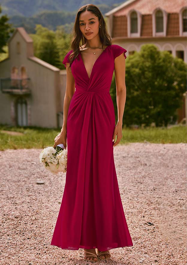 white christmas dresses Floor-length Dark Pink Bridesmaid Dress with Split Pleating COCOMELODY  CB0559 main image 1