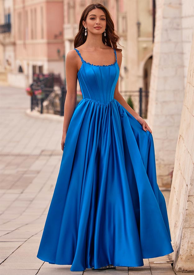 Lace Spaghetti Straps Corset A-Line Satin Ball Gown Prom Dress with Pockets