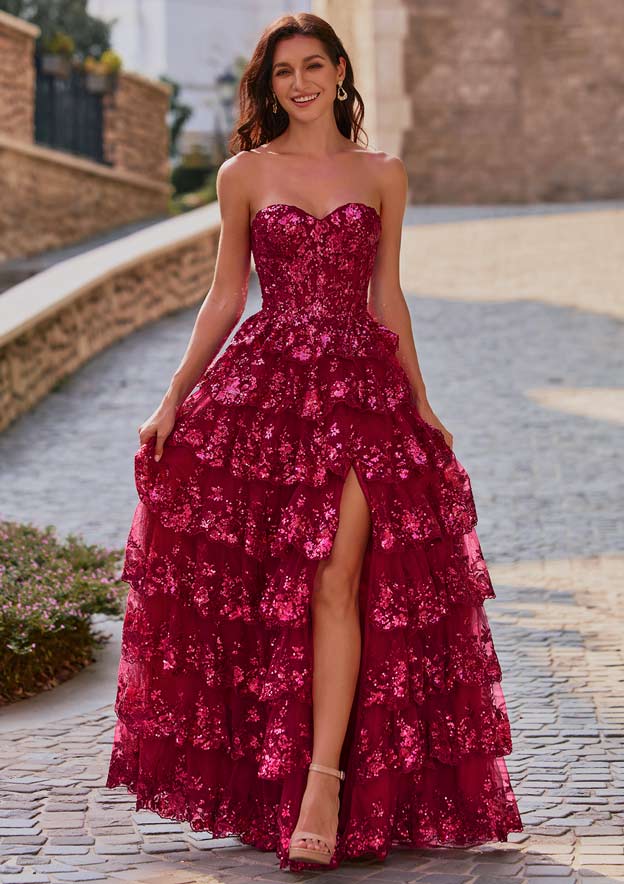 Stacees 2026 Sparkly Strapless Sequin Prom Dress with Slit Ruffled Skirt Stacees 2026 Sparkly Strapless Sequin Prom Dress with Slit Ruffled Skirt