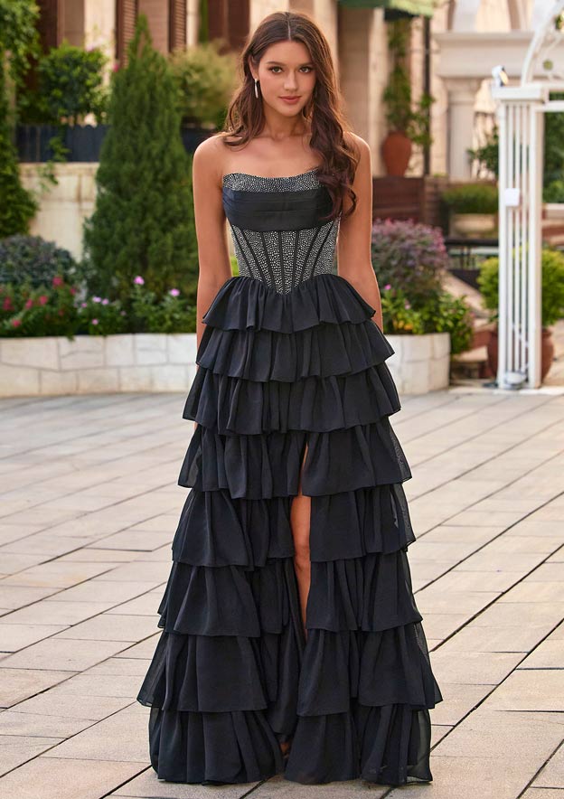 Strapless Ruched A-line Hotfix Corset Tiered Ruffle Chiffon Prom