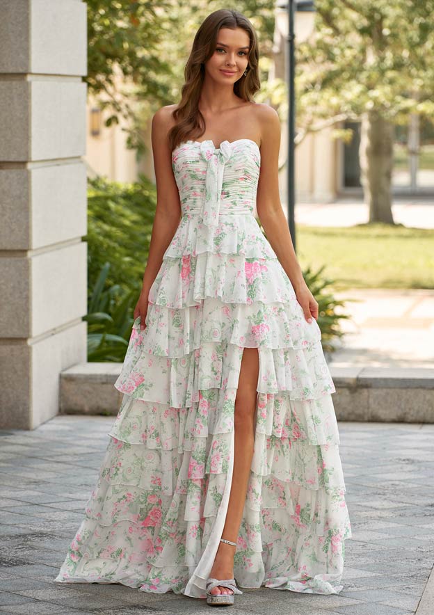 Prom Print A-line Chiffon Prom Dress Sweetheart Floor-Length with Bowknot Ruffles ...