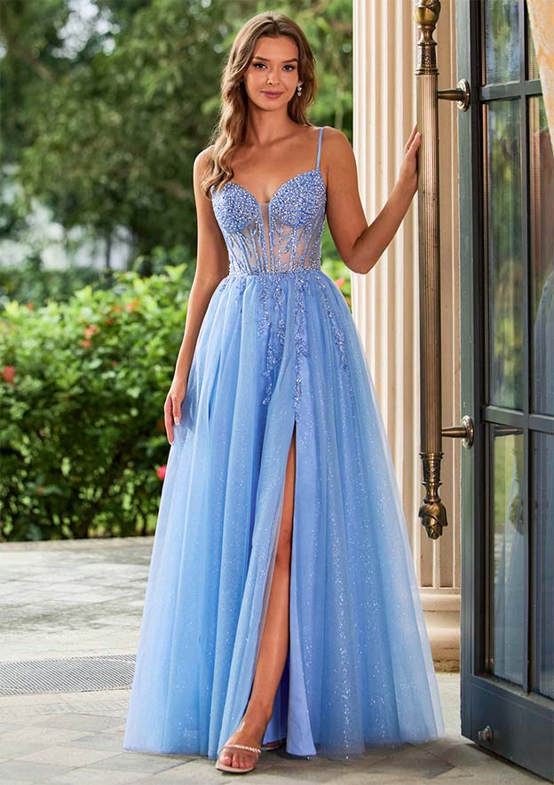 Stacees 2026 Sparkle A-Line Prom Dress with Beaded Sheer Corset High Slit