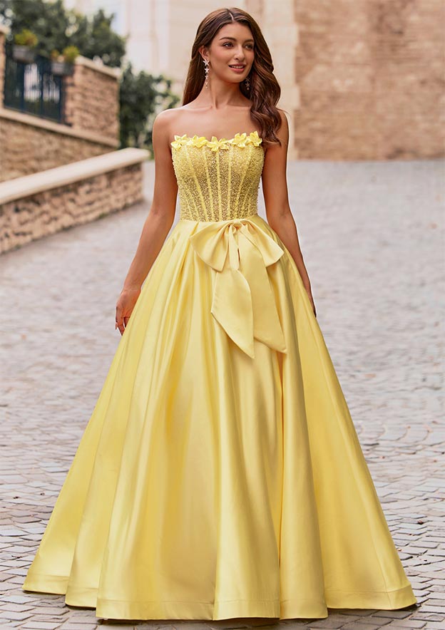 formal ball gown dresses Yellow Tulle A-line V-neck Lace Prom Dresses MP740