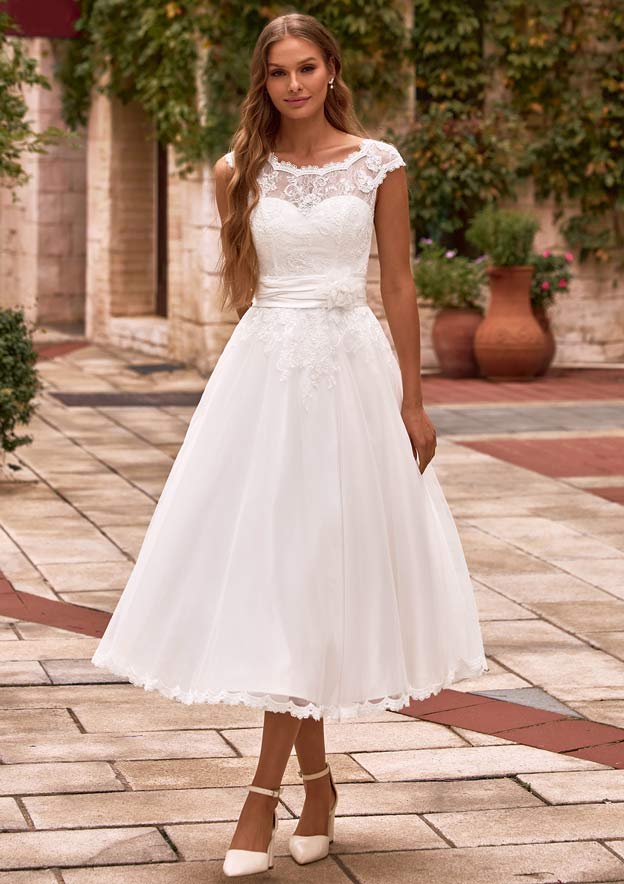 Captivating Lace Tea-Length A-line Wedding Dress with Floral Sash and Illusion Lace Back S3207W - Wedding Dresses - Stacees Captivating Lace Tea-Length A-line Wedding Dress with Floral Sash and Illusion Lace Back S3207W - Wedding Dresses - Stacees