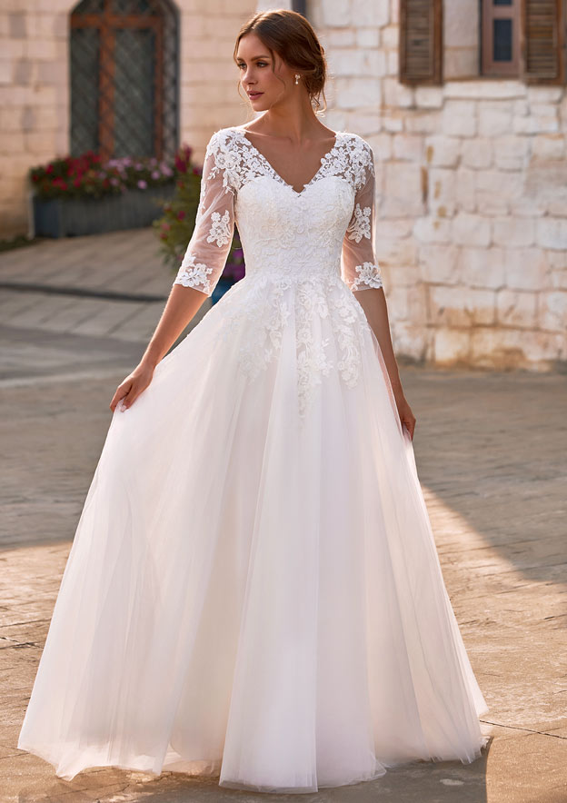 Elegant A-line Half Sleeve Sweep Train Wedding Dress with Lace Sequins  S3217W - Wedding Dresses - Stacees