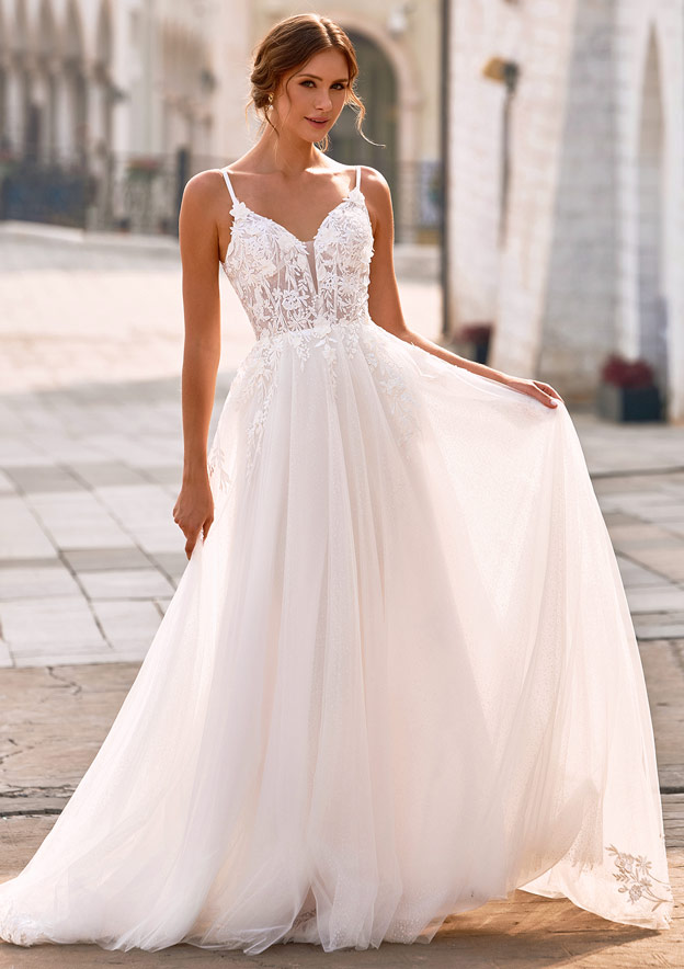 A-line V Neck Tulle Court Train Wedding Dress with Appliqued Flowers Glitter S3175W - Wedding Dresses - Stacees A-line V Neck Tulle Court Train Wedding Dress with Appliqued Flowers Glitter S3175W - Wedding Dresses - Stacees