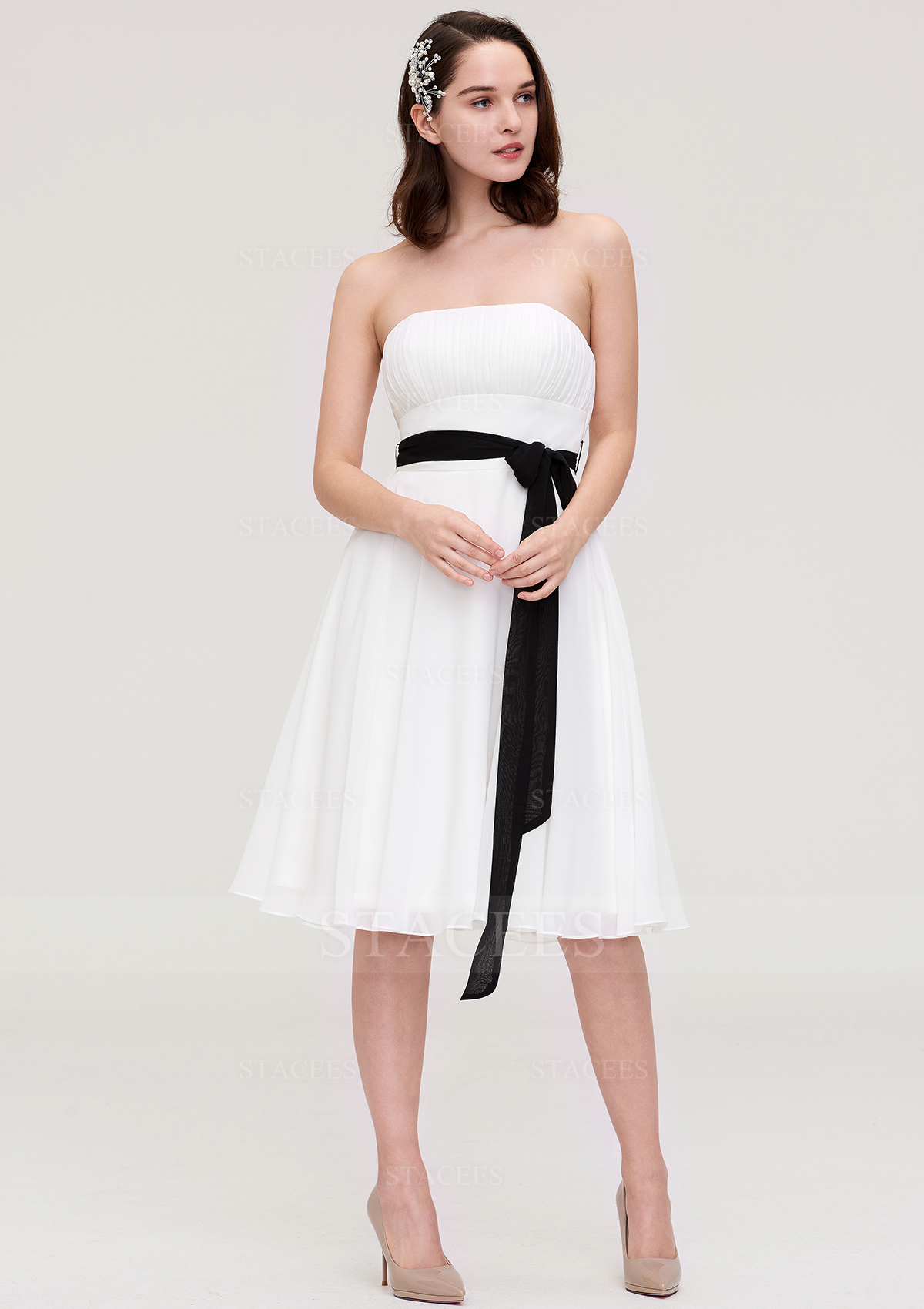 Vestido línea a gasa hasta la rodilla vestido de dama de honor