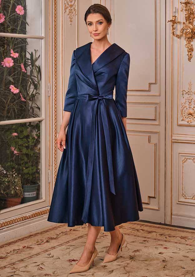 formal dress tea length 3 4 sleeve A-Line/Princess Cowl Neck Bow(s) 3/4 Sleeves Tea Length Elegant Mother of the Bride & Groom Dresses Light Blue