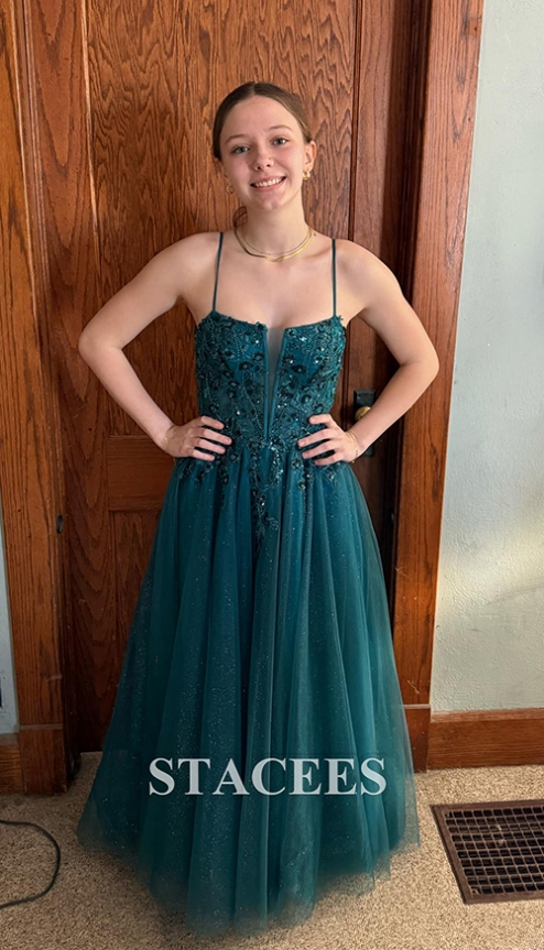 A-line Square Neckline Sleeveless Sweep Train Tulle Prom