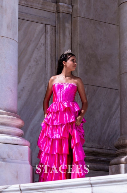 80s Dress To Impress Pink 1980 Prom Dresses A-line Square Neckline  Strapless Corset Ruffle Slit Long Prom Dress With Beads S8522P Prom Dresses  Stacees