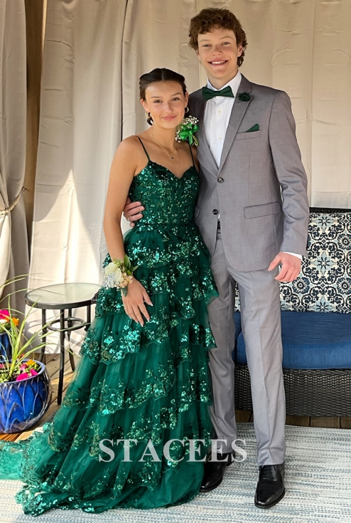 A-line Corset Tiered Ruffle Slit Sweep Train Prom Dress with