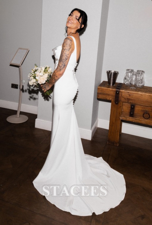 Trumpet/Mermaid Cowl Neck Court Train Satin Wedding Dress with Pleated  S3058W - Wedding Dresses
