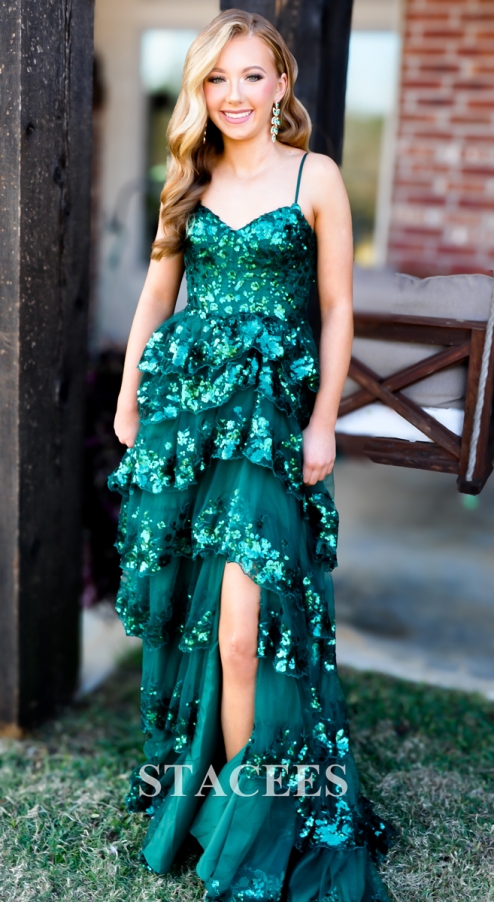 A-line Corset Tiered Ruffle Slit Sweep Train Prom Dress with