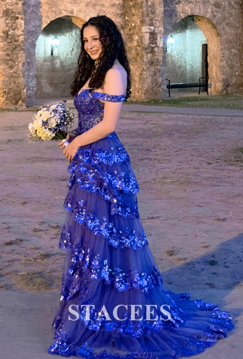 A-line Off-the-Shoulder Sleeveless Sweep Train Tulle Prom Dress with  Ruffles Sequins Split S7684P - Prom Dresses - Stacees