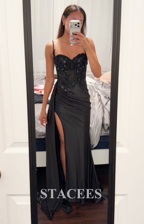 strapless open back dress Cora Satin Corset Slit Formal Dress