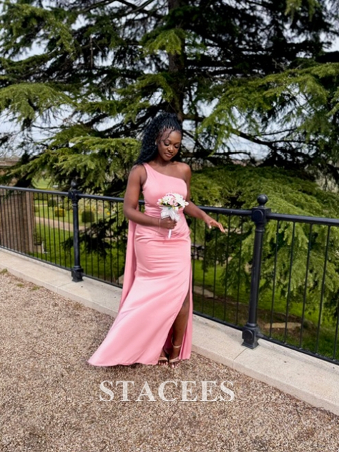 stretch satin tank bridesmaid dress with train BABARONI Off Shoulder Stretch Satin Dress with Sweep Train Tangerine, Tangerine / US0 main image 1