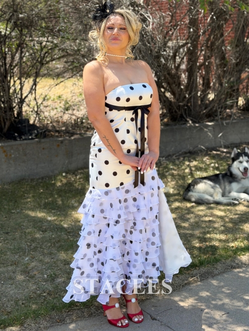 A-line White Black Polka Dot Strapless Prom Dress with Slit Chiffon Ruffle  Skirt S9048P - Prom Dresses - Stacees